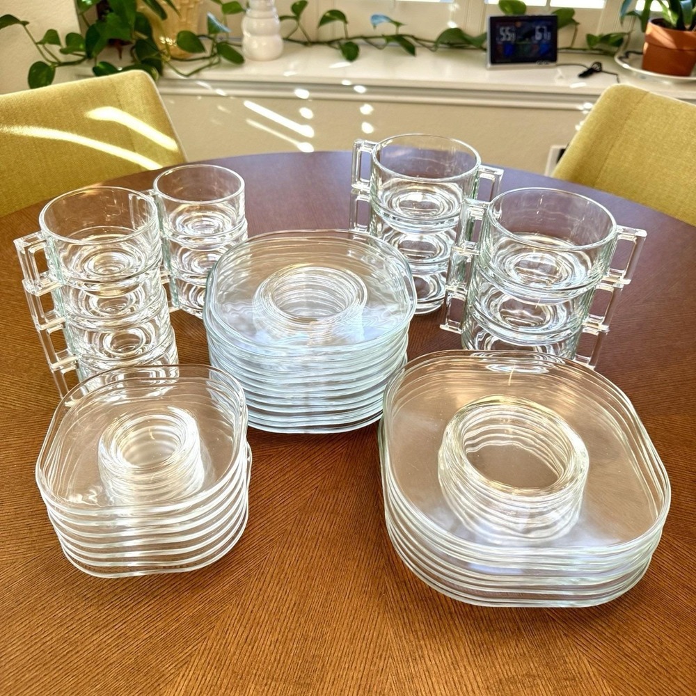 Joe Colombo Modernist Clear Glass 40 Pcs. Soup Bowls Plates, Cups, & Saucers